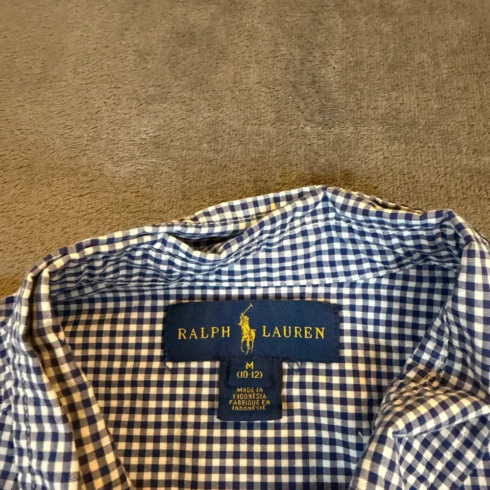 Ralph Lauren Boys Blue White Gingham Button Down Shirt Medium 10-12 Orange Pony‎